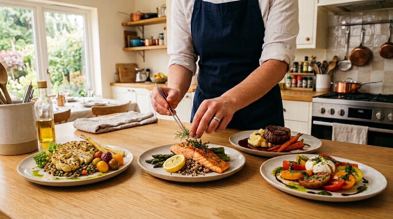 A chef plating fresh, seasonal meals on a kitchen island in a sunlit home